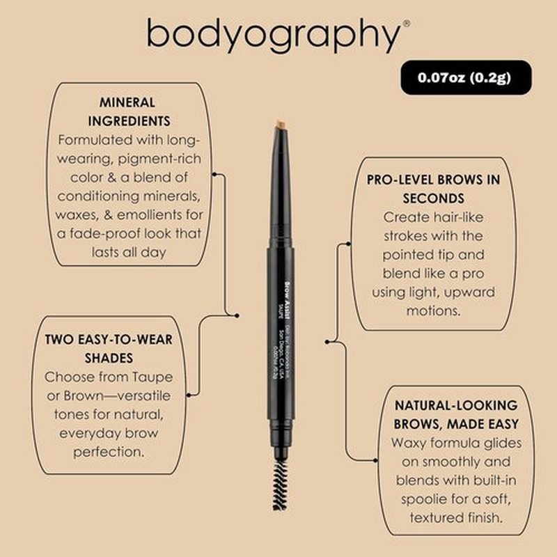 Bodyography Brow Assist - Brown Triangular Tip Eyebrow Pencil with Built-In Spoolie | Defines & Fills Brows | Vegan Formula with Castor & Coconut Oil