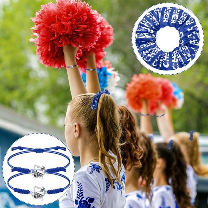 Hanaive 20 Pcs Hair Scrunchies and Adjustable Cheerleader Bracelets, Blue, Hair Ties and Charms for Cheer Team Gifts, Cheerleading Birthday Party