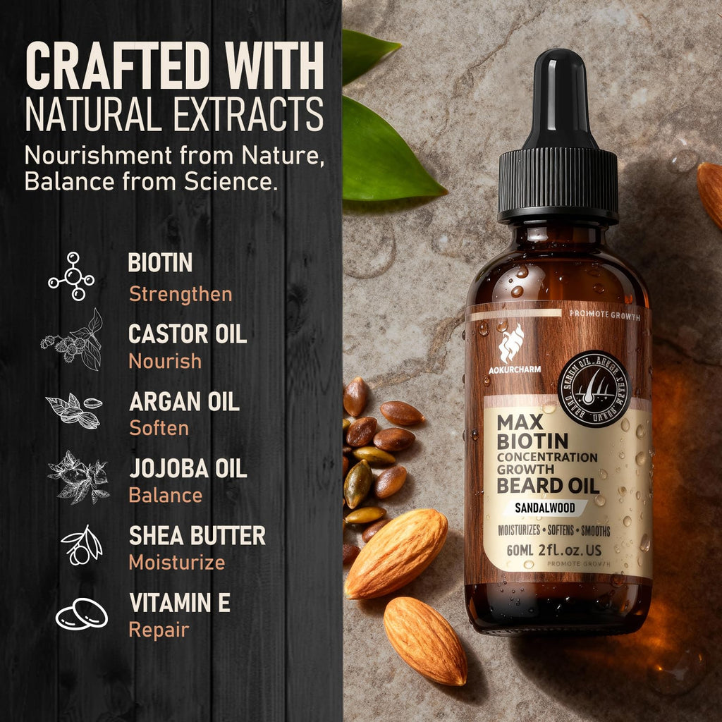 aokur Biotin Beard Growth Oil for Men - Vitamin B5 & Castor Oil Formula, Nourish & Thicken Facial Hair, Daily Beard Care, Styling & Taming, Hydrating, Non-Greasy, Sandalwood 2oz Gift for Him