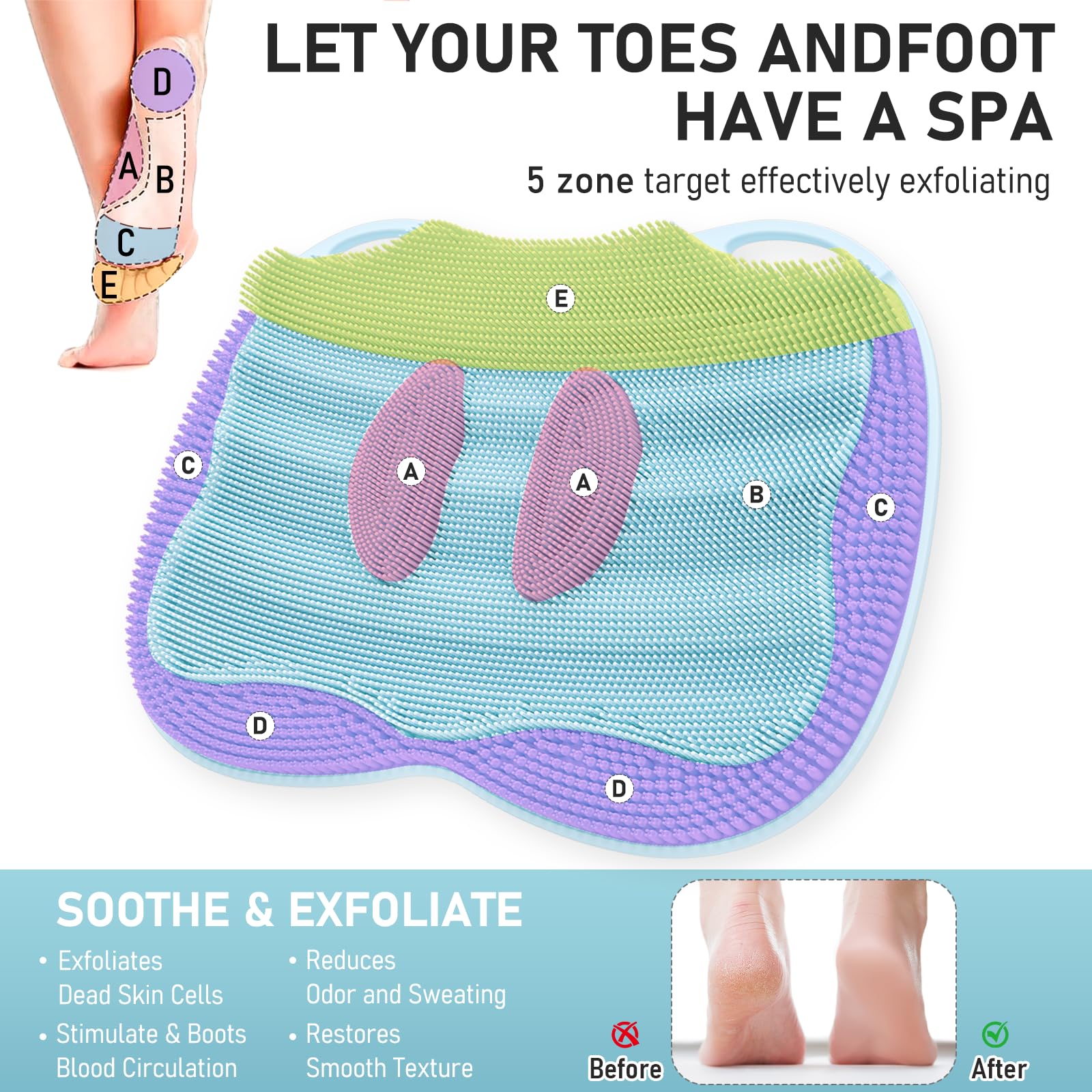 Mabnuby XL Shower Foot Scrubber Mat, Silicone Feet Massage Scrubber in Shower Clean Foot Toes Pad without Bending Non-slip Suction Cups -Blood Circulation Exfoliate Achy Relief 17.4*13.4" Light Blue