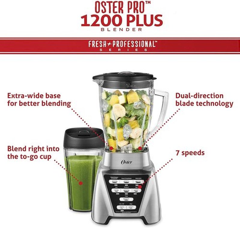 Oster Pro 1200 Blender - Powerful 1200W Smoothie Maker with Glass Jar & 24oz To-Go Cup | Brushed Nickel