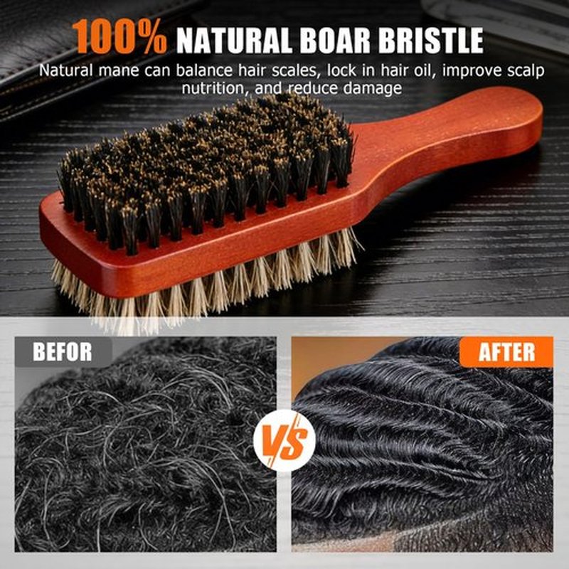 Men Wave Club Brush, 100% Natural Boar Bristle Hair Brush with 2-Sided Soft Hard Brush for Men and Barbers Thick Coarse Hair, Detangling, Smoothing