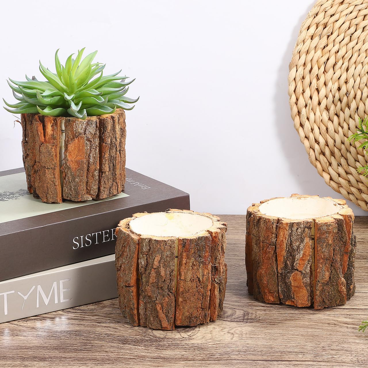 Housoutil Wooden Vase for Centerpieces, 3 Pack Wood Flower Vase Rustic Tree Stump Planter Pots, Wooden Bark Flower Bucket for Wedding, Farmhouse Christmas Table Decor, Round Bark Stump Pots （9cm*8cm）