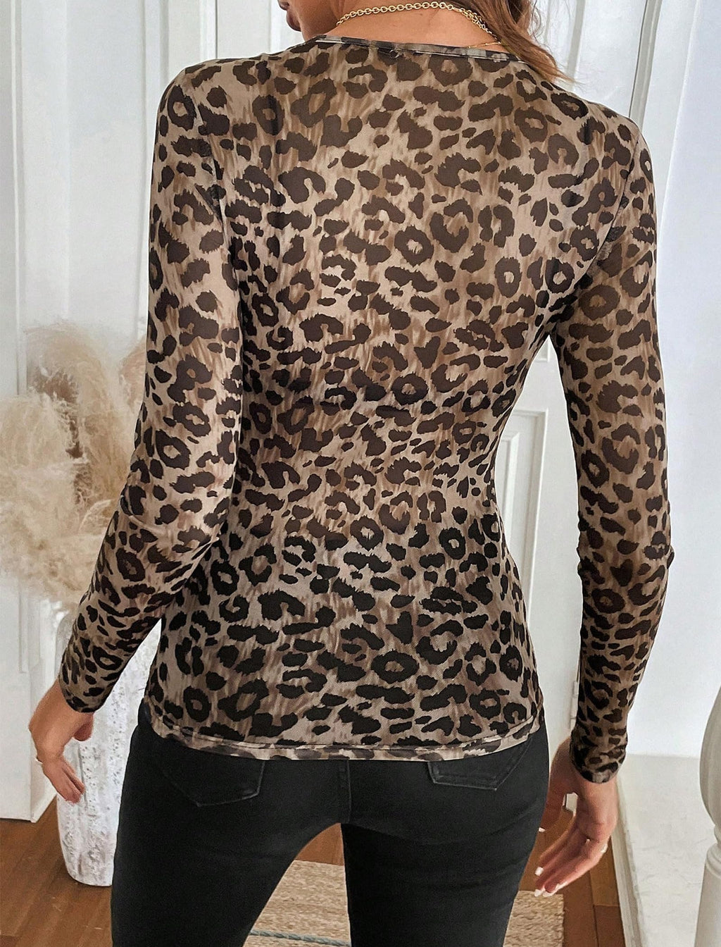 Leopard Print Tops for Women Chocolate Brown Fall Clothes Fashion 2026 Mesh Long Sleeve Tops Sexy Top Lace Sheer Undershirt Slim Fitted Crewneck Shirts See Through Blouses Clubwear M
