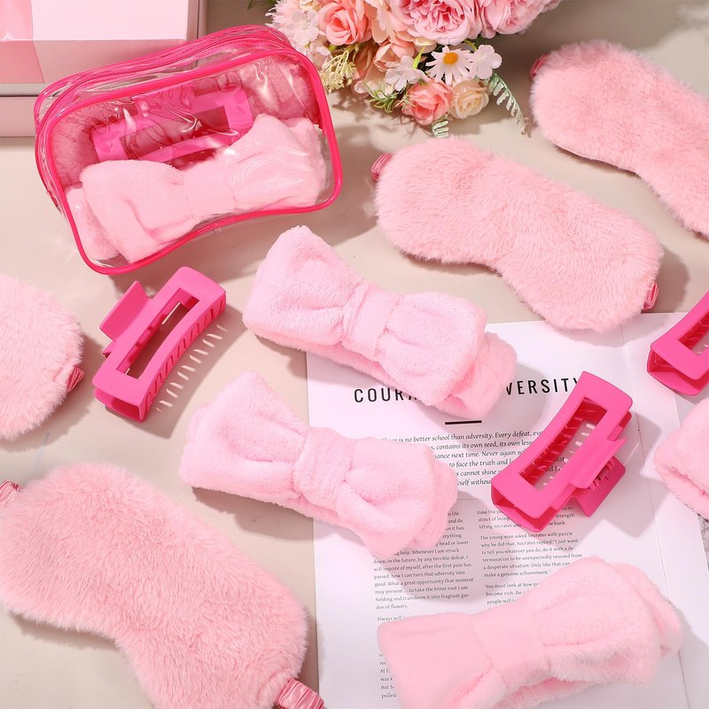 Wavyknot 24pcs Sleepover Party Favors for Women 6 Pink Spa Makeup Headband 6 Plush Sleep Eye Mask 6 Rose Red Hair Claw Clips 6 Clear Cosmetic Bags for Adult Slumber Party Supplies Gifts