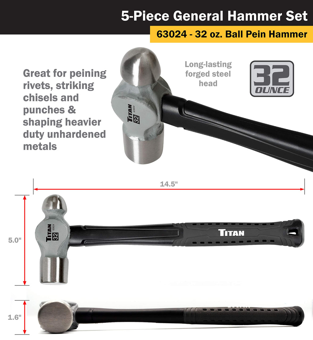 Titan 63125 5-Piece Hammer Set, Includes 16oz & 32oz Ball Pein, 32oz Rubber Mallet, 3lb Sledgehammer, & 3lb Cross Pein, Shock Absorbing Fiberglass Handles with Textured Grips