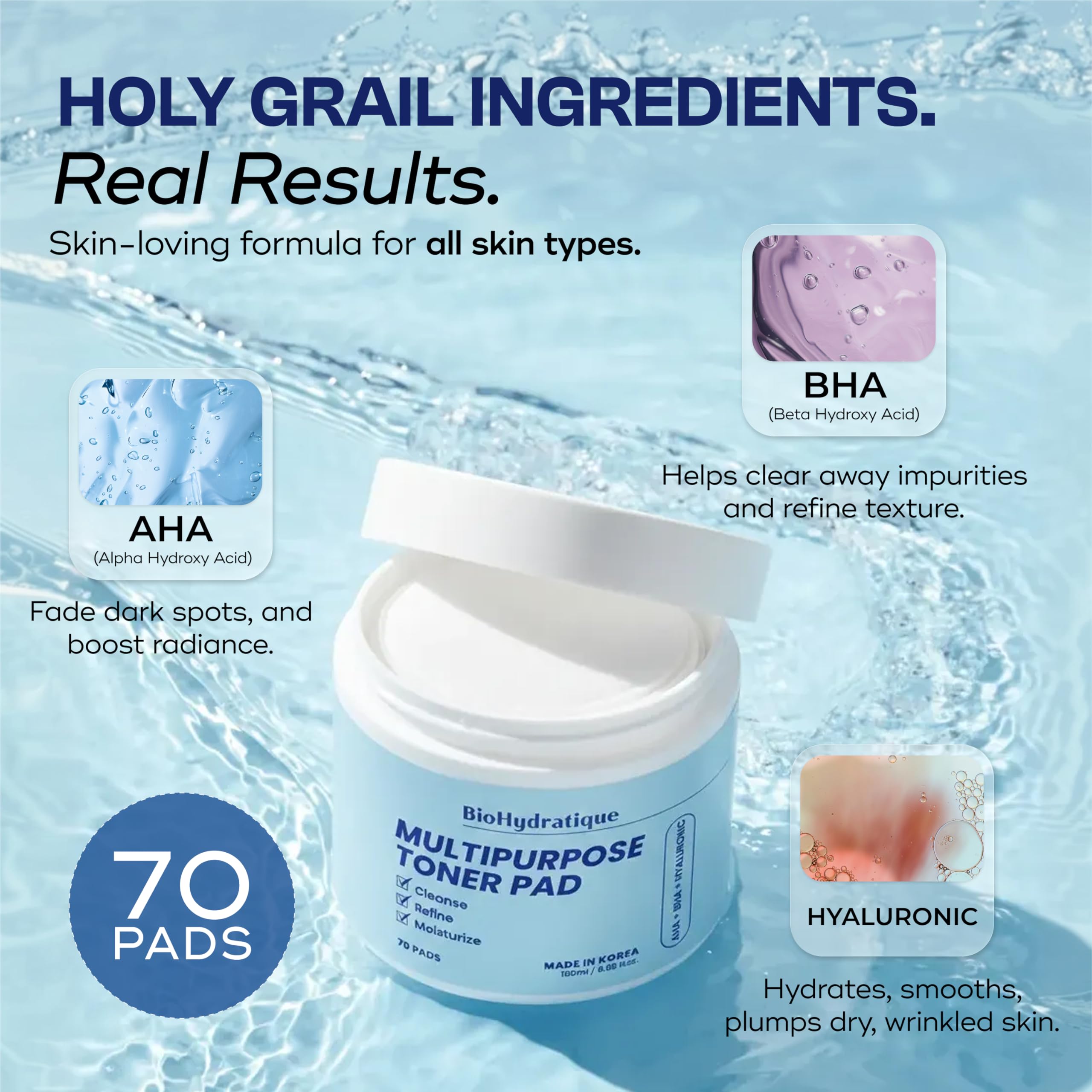 Bio Hydratique AHA+BHA+Hyaluronic Acid Toner Pads – Dermatologist Tested, Anti Aging, Korean Skin Care – Clears Pores, Smooths Texture, Hydrates For Soft, Plump Skin – Vegan, Clean Beauty – 70 Pads