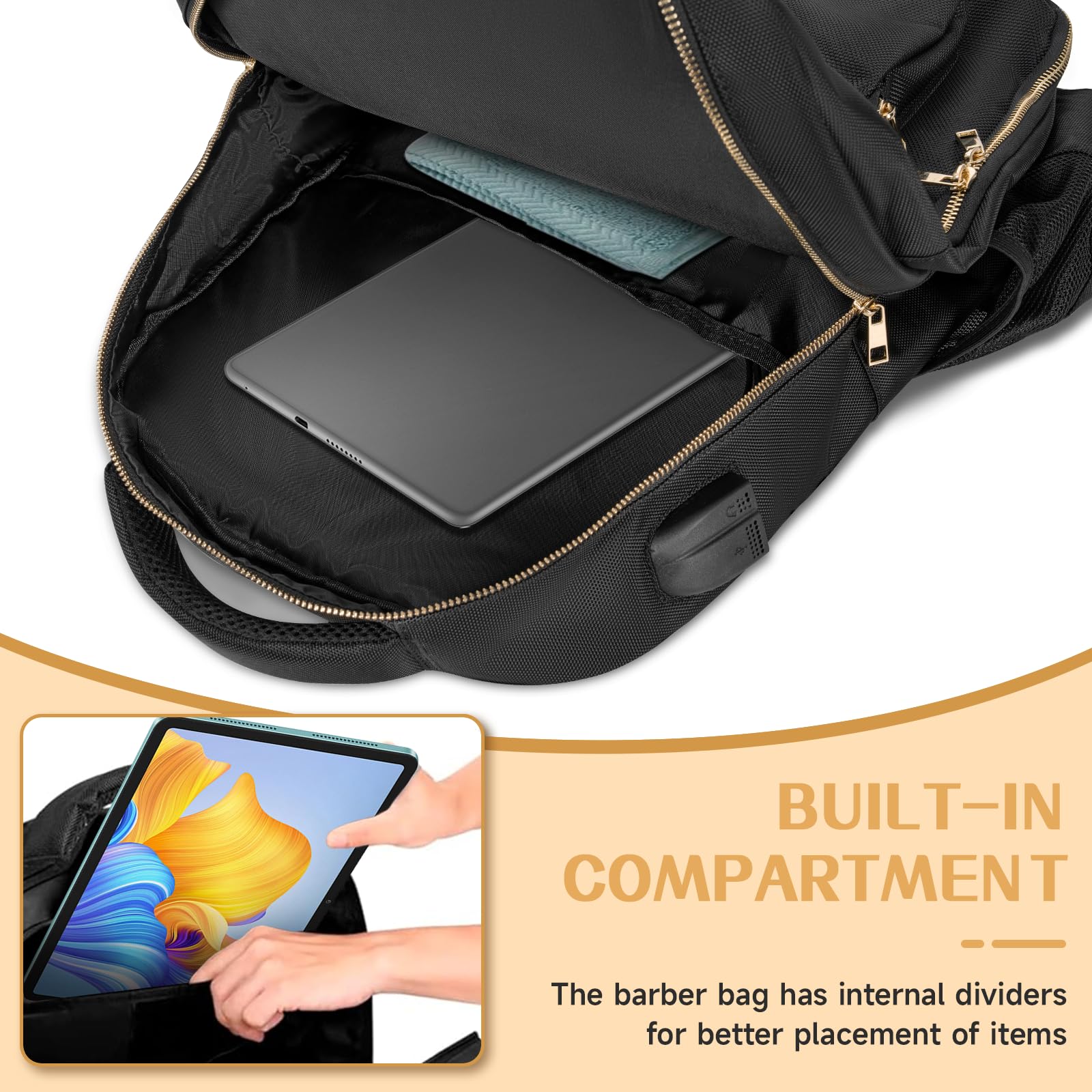 TORIBIO Barber Supplies Bag for Clippers and Supplies, Hairstylist Clipper Portable Backpack for Barber Tools with USB Port (Black + Gold)