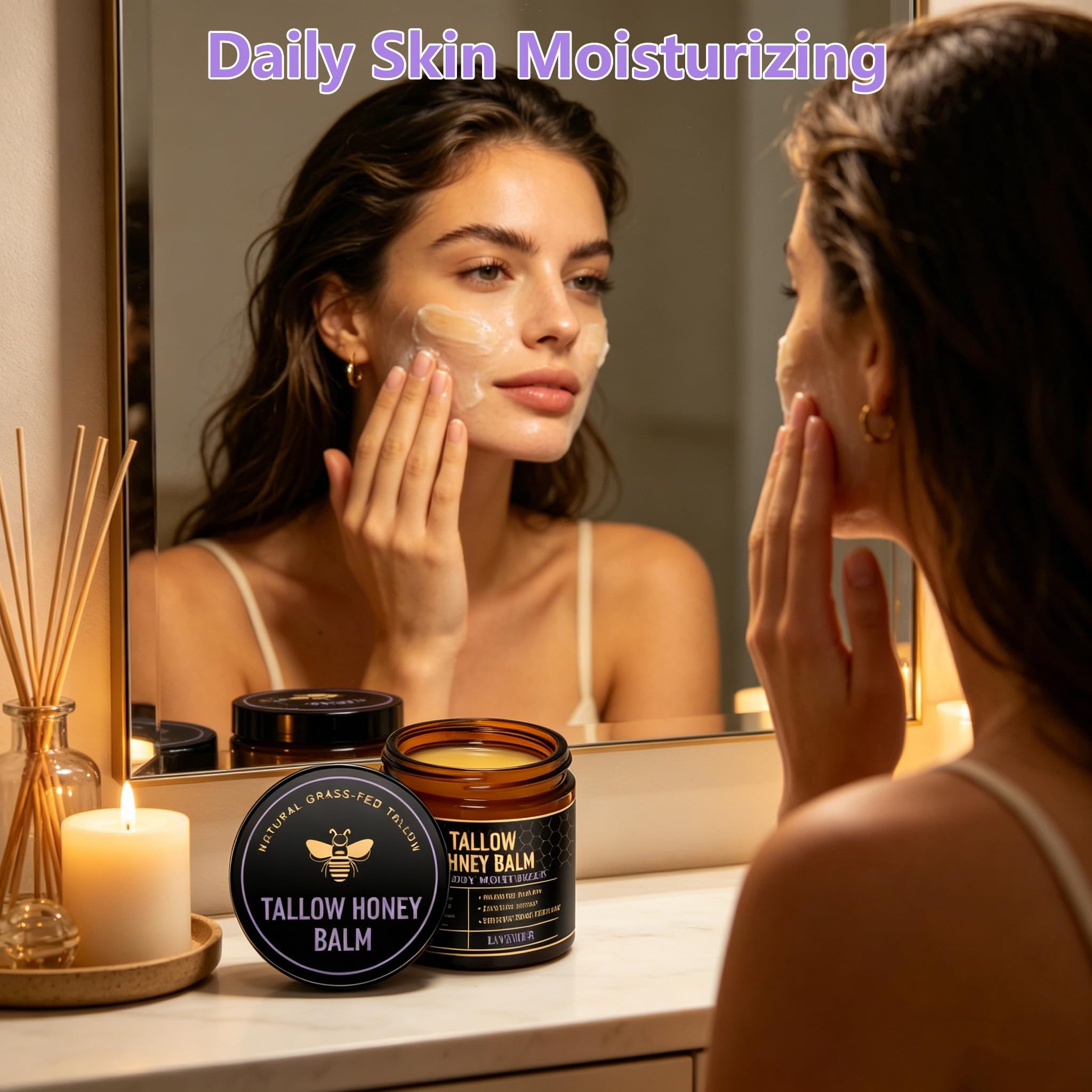 UMHWYZW 2 PCS Tallow and Honey Balm for Face with Lavender Aroma, Organic Grass Fed Beef Tallow for Skin Care for Men Women, Natural Body Moisturizer Cream for Dry Skin(Lavender)