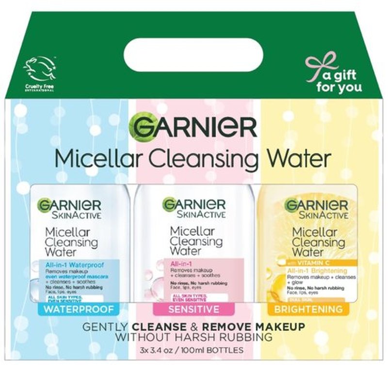 Garnier SkinActive Micellar Water Gift Set, Face Cleansing Holiday Skin Care Kit with Travel Size Micellar Facial Cleansers, Includes Original, Waterproof and Vitamin C Formulas, 1 Kit