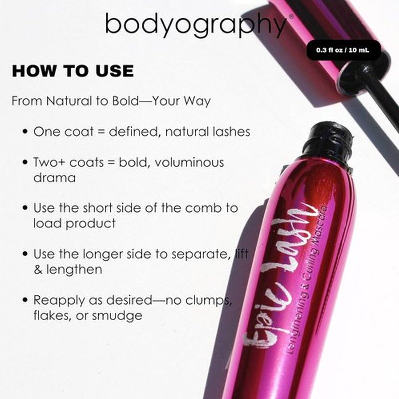 Bodyography Jet-Black Lengthening Mascara - Dual-Sided Silicone Comb for Volume & Lift | Smudge-Free, Conditioning Formula
