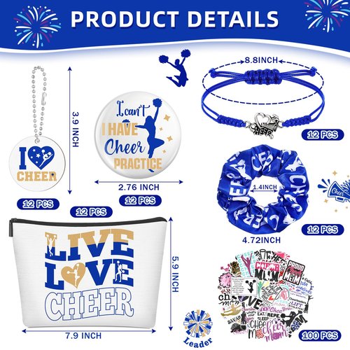 Lyrow 160 Pcs Cheerleader Gifts Bulk for Team Back to School Gift Cheer Scrunchies Hair Ties Makeup Bag Cheer Mirror Bracelet Keychain Sticker for Cheerleader Gift(Blue)