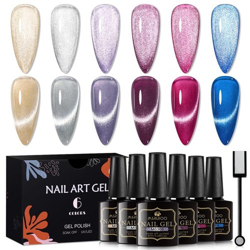 MSRUIOO Glass Cat Eye Gel Nail Polish Set, Crystal Magnetic Gel Polish, Soak Off Cateye Nail Polish Nail Art Gift Kit with Magnet Stick