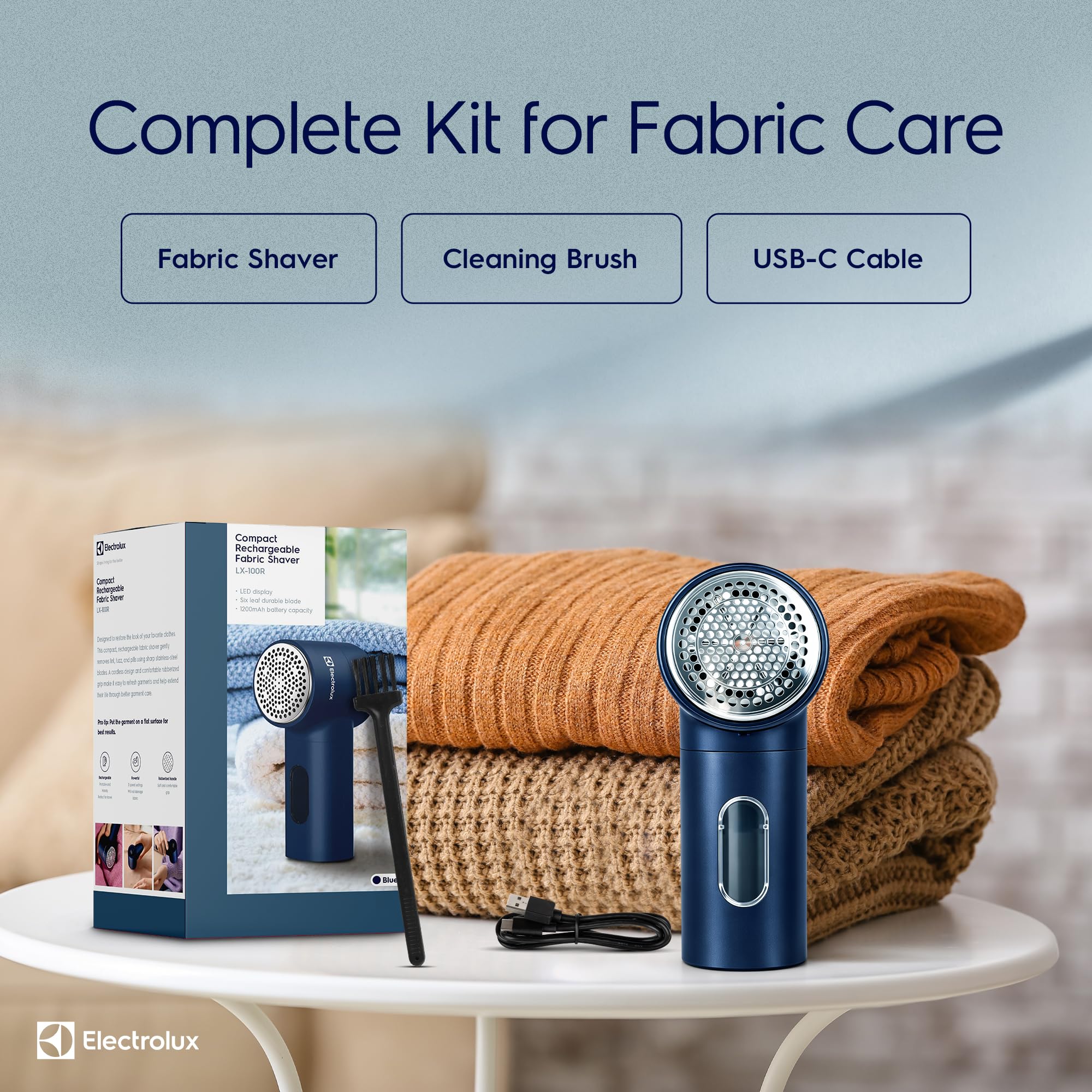 Electrolux Rechargeable Fabric Shaver | Compact Travel Lint Remover for Clothes & Furniture | Eliminates Fuzz & Pilling | 3-Speed Electric Lint Shaver with Type-C Fast Charging Port - Blue