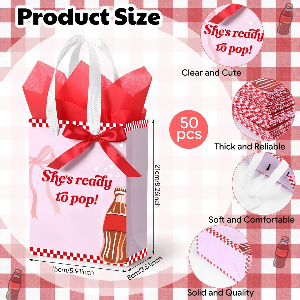 Willinglong 50 Packs She's Ready to Pop Baby Shower Gifts Bags Bulk Baby Shower Favor Bags with Handle Paper and 50 Sheets Decorative Tissue Paper for Guests Gifts Gender Reveal