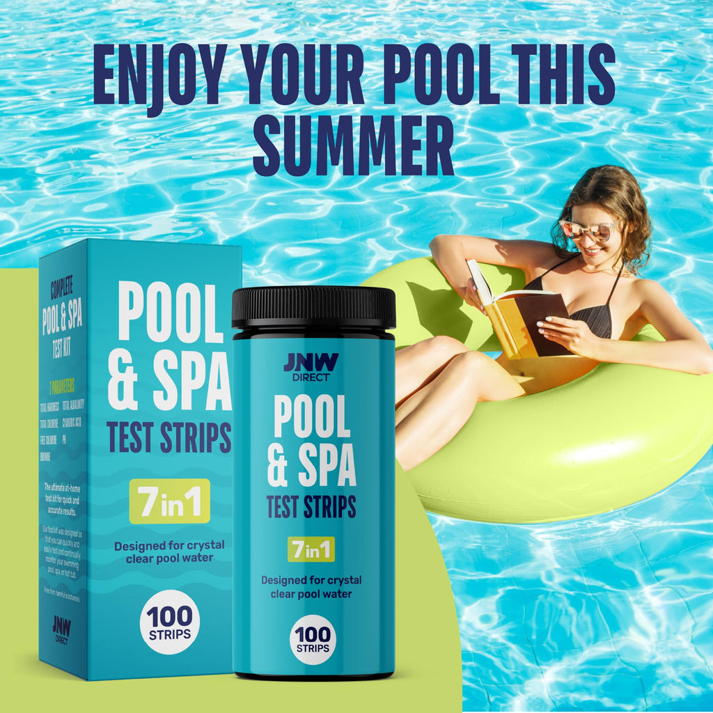 JNW 7-in-1 Pool Test Strips, 100 Quick & Accurate Test Strips for Pool Water, Spa Test Strips for Hot Tub, Chlorine Test Strips, Bromine, pH, Alkalinity, Hardness & More - Swimming Pool Test Kit