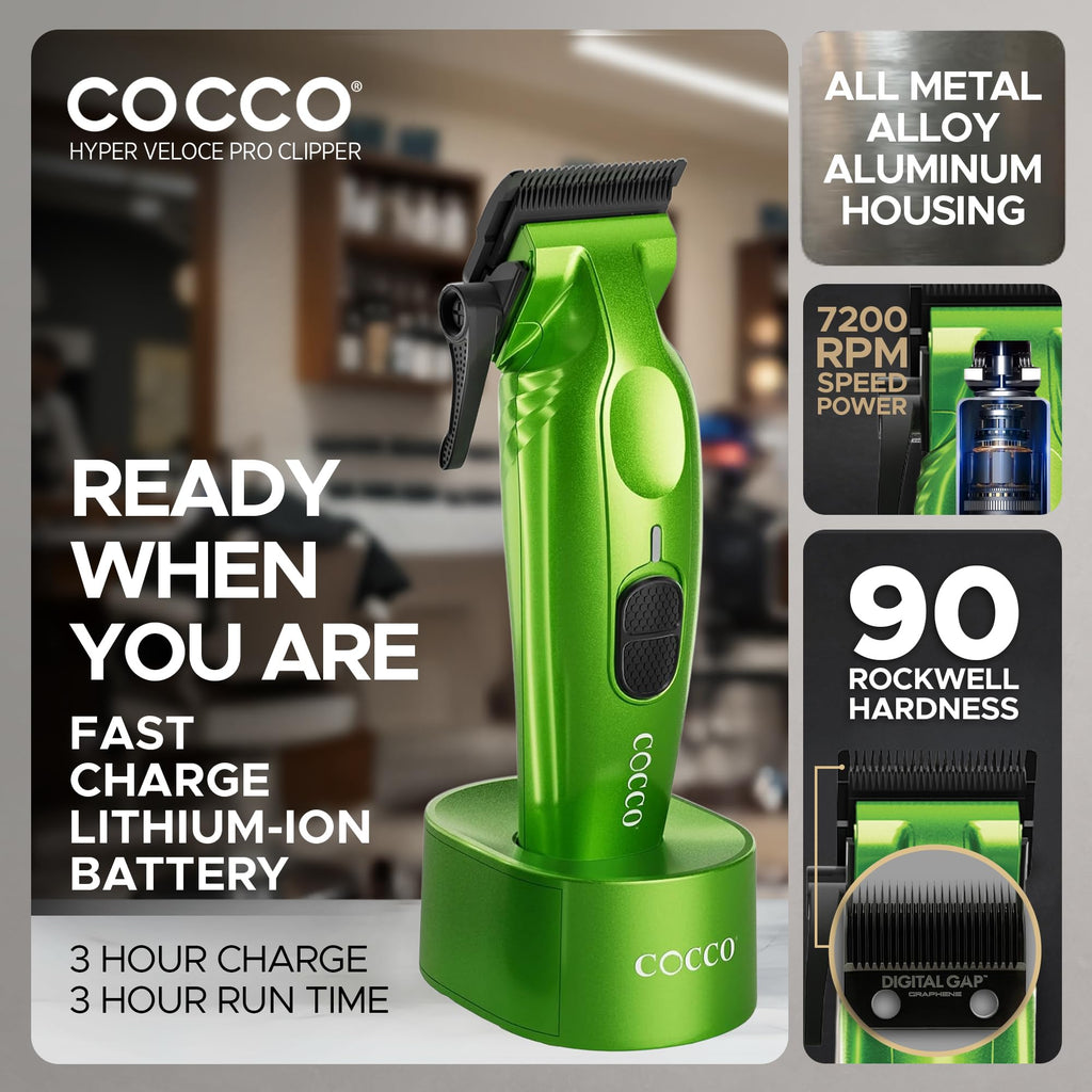 Cocco Hyper Veloce Pro Clipper, Digital Gap Ambassador Graphene Taper Blade Professional Hair Clippers, High-Torque BLDC Motor, All-Metal, Cordless, Charging Station Included (Green)