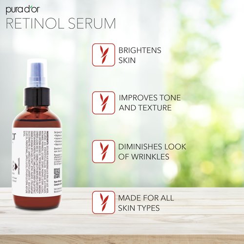 PURA D'OR Retinol Serum Nighttime Facial Skincare – 3.3 oz Overnight Treatment Featuring Aloe Vera Botanical Extracts, Lightweight Fast-Absorbing Hydration for Smoother-Looking Texture, Tone, Radiance