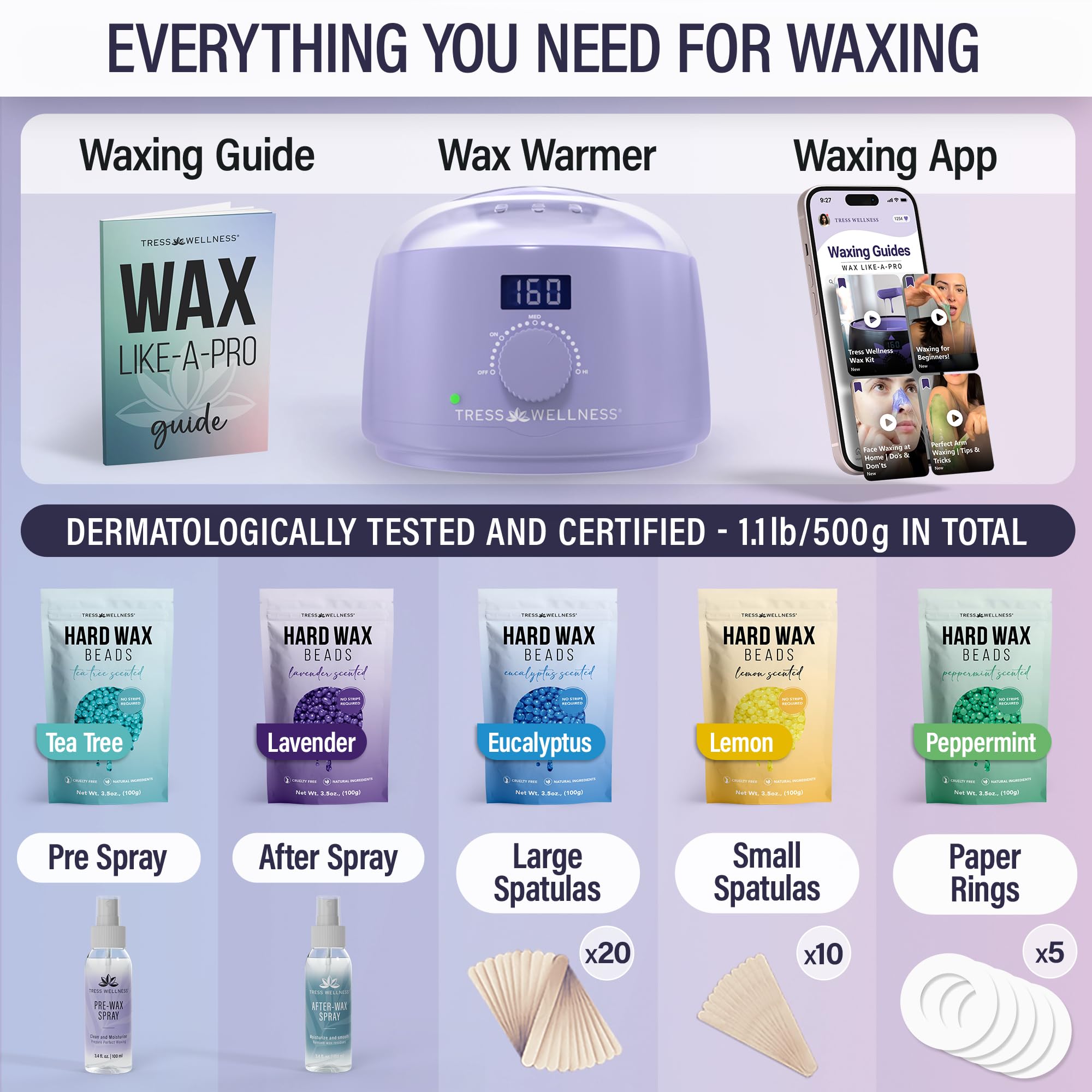 Tress Wellness Award Winning Waxing Kit for Sensitive Skin – Safe for Face & Skin, Easy to Use – At-Home Kit for Face, Bikini, Brazilian & Full Body - Digital Display, Purple