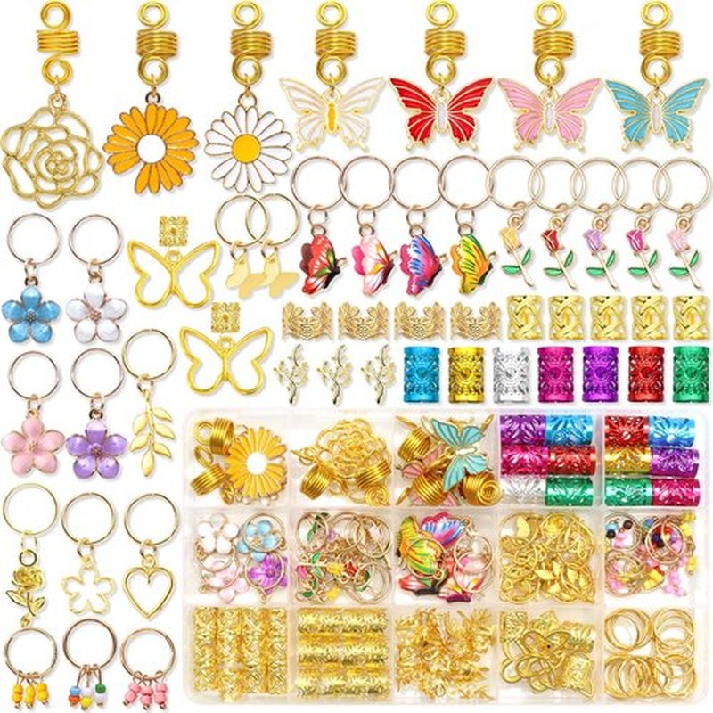 NAISKA 146PCS Gold Hair Jewelry with Butterfly Flower Charms, Metal Alloy Hair Coils, Rings, Cuffs and Decorations for Locs, Dreadlocks and Braids - Handmade Accessories for Women and Girls