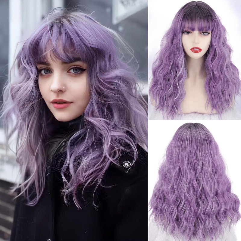 Xinran Purple Wavy Wig with Bangs for Women 18 Inch Medium Length Natural Synthetic Hair Heat Resistant Long Ombre Purple Wigs with Dark Roots for Party Cosplay Daily Halloween