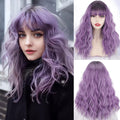 Xinran Purple Wavy Wig with Bangs for Women 18 Inch Medium Length Natural Synthetic Hair Heat Resistant Long Ombre Purple Wigs with Dark Roots for Party Cosplay Daily Halloween