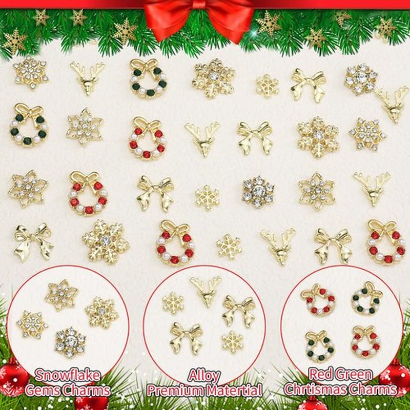 54 Pcs Gold Christmas Nail Charms, 3D Alloy Snowflake Nail Charms Rhinestones, Cute Christmas Elk Bow Nails Charm for Xmas DIY Nails Supplies