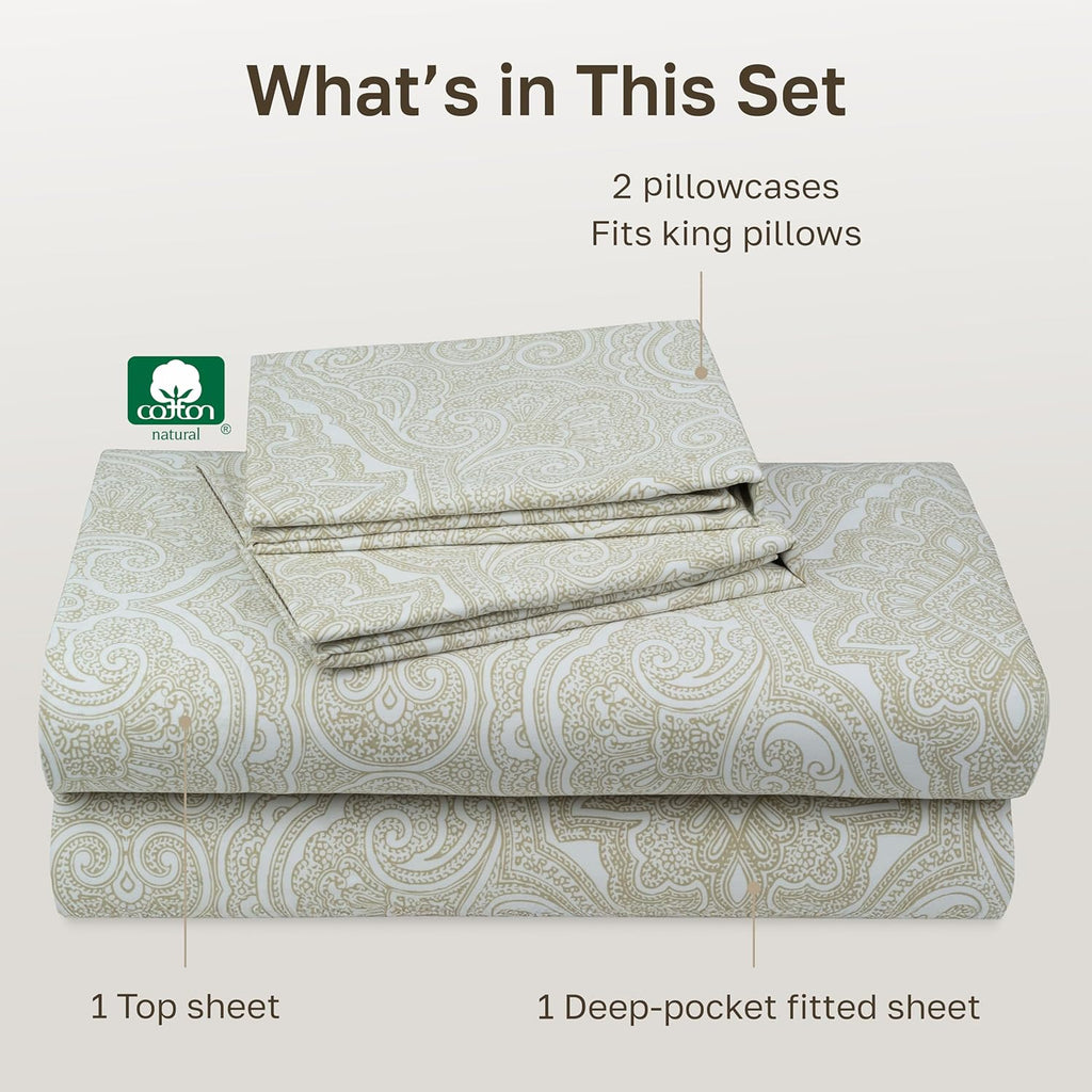 California Design Den King Size Cotton Sheets Set - 100% Soft Cotton, 400 TC, Award-Winning Sateen Finish, Deep Pockets - Paisley Beige