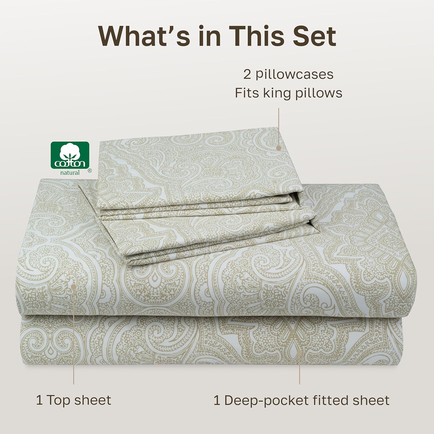 California Design Den King Size Cotton Sheets Set - 100% Soft Cotton, 400 TC, Award-Winning Sateen Finish, Deep Pockets - Paisley Beige