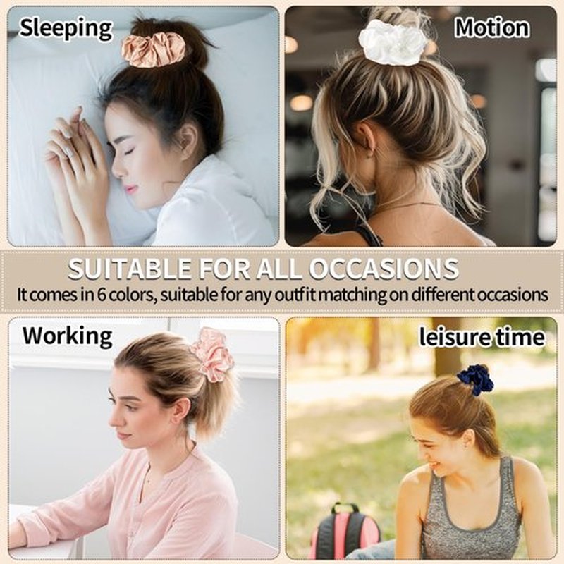 MixS Live Large Silk Scrunchies for Women - 6PCS Satin Hair Ties Oversized, No Damage Hair Bands Gentle for Thick/Long Hair, Soft & Comfortable for Sleeping, Gym, Travel (Red/Black/Brown)