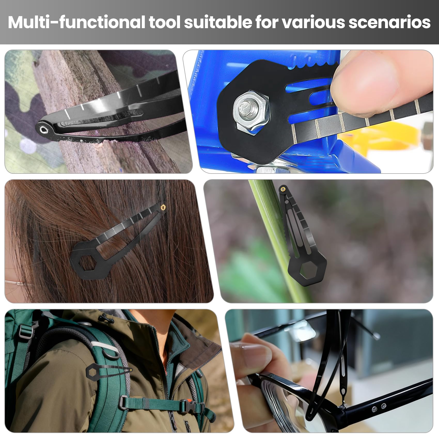12-Pack Tactical Hair Clips - Mini Functional Snap Hair Clips - Hair Tie Cutter Tool - Small Barrettes for Women & Men It can open bottles, boxes, tighten glasses screws, cut cable ties, and more
