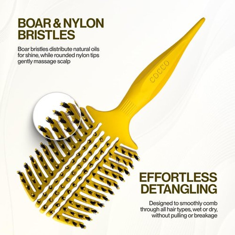 COCCO Aura Vent Boar Brush | Vented Dual-Curved Design for Faster Drying, Effortless Detangling & Shine, Boar + Nylon Bristles, Ergonomic Comfort Handle for Wet & Dry Hair Styling - Yellow