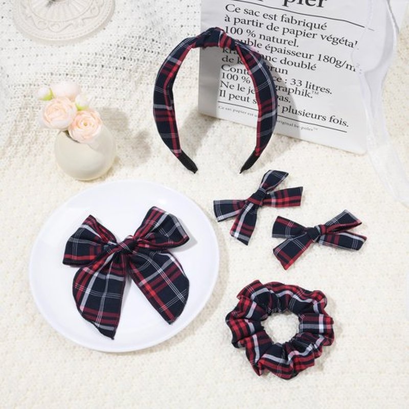 DEEKA School Uniform Plaid Hair Bows & Knotted Plaid Headband & Scrunchies Fable Hair Bow Set Alligator Clips for Toddler Girls Hair Accessories for Little School Girls (Dark Navy&Red)