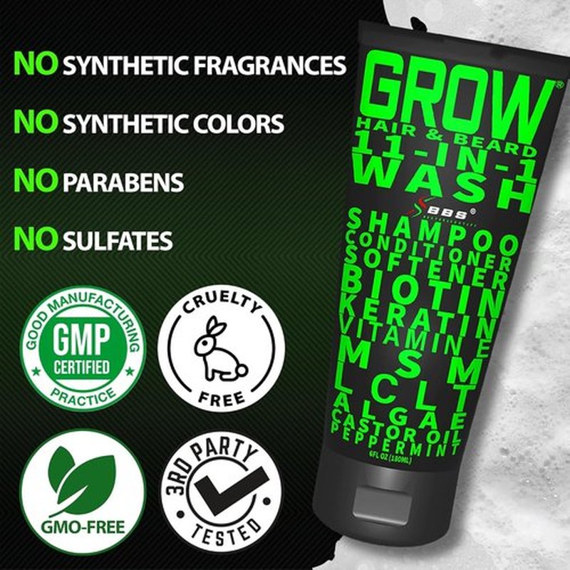 Beard Wash Shampoo & Conditioner 11-in-1 by GROW | Biotin, Castor Oil & Peppermint for Thicker Hair & Beard Growth