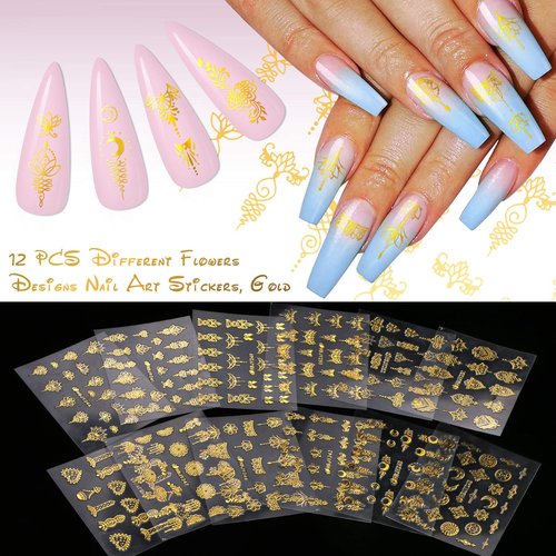 KISSBUTY 24 Pcs Universe Nail Art Sticker - Gold Flowers, Stars, Moon Constellation Decals