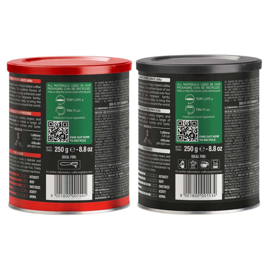 Caffe Vergnano Italian Ground Coffee Moka & Espresso Variety (2 Pack)
