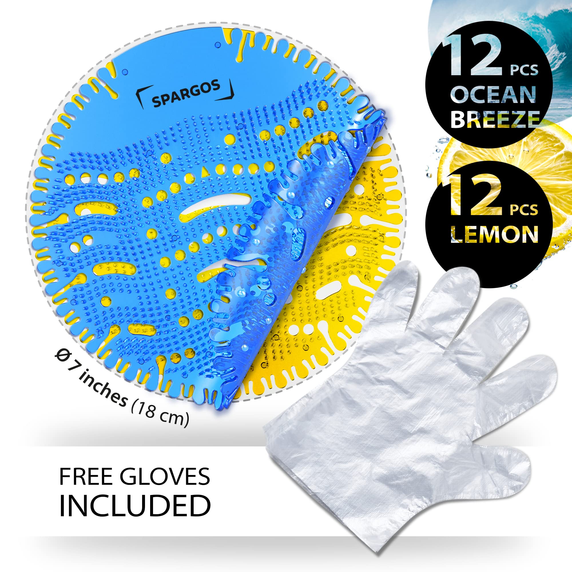 Urinal Screen Deodorizer (24 Pack) Urinal Cakes Fresh 3d Wave Anti-Splash Odor Protection for Toilets in Bathroom Office Stadiums Schools with Free Gloves - 12pcs Blue Ocean and 12pcs Yellow Lemon