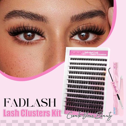 FADLASH Lash Extension Kit Fluffy Lash Clusters 0.07 D Curl Mixed Tray Wispy Eyelash Clusters with Lash Bond and Seal Lash Tweezer Diy Lash Clusters Kit for Beginners at Home(C3-0.07D, 8-16mm Kit)
