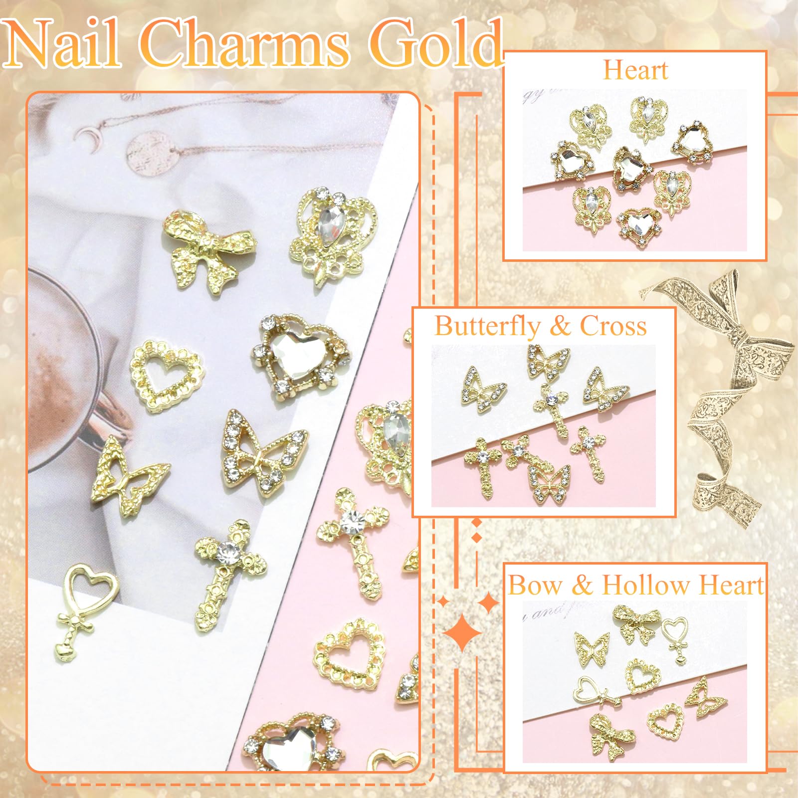 YAEISM 105PCS Gold Nail Charms 3D Gold Heart Nail Charm 8 Shapes Butterfly Charms for Nails Shiny Gold Nail Charms Cross Alloy Nail Bows for Nail Art and DIY Crafts Decoration