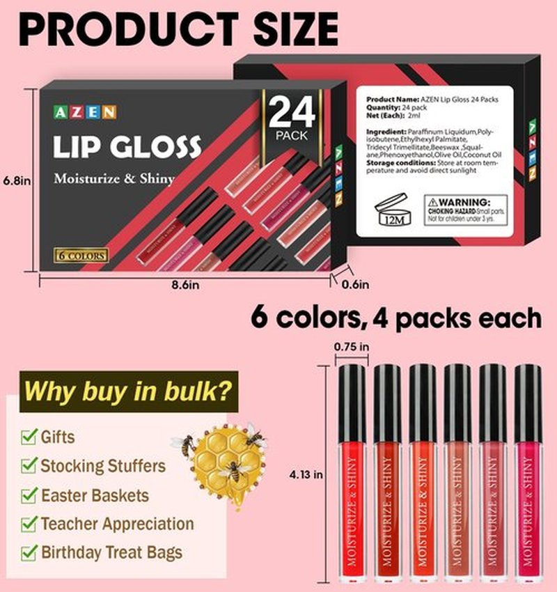 AZEN 24 Pack Lip Gloss Bulk Set, Shimmery Lip Gloss for Women and Girls With Rich Varied Colors, Valentines Gifts Easter Basket Stuffers