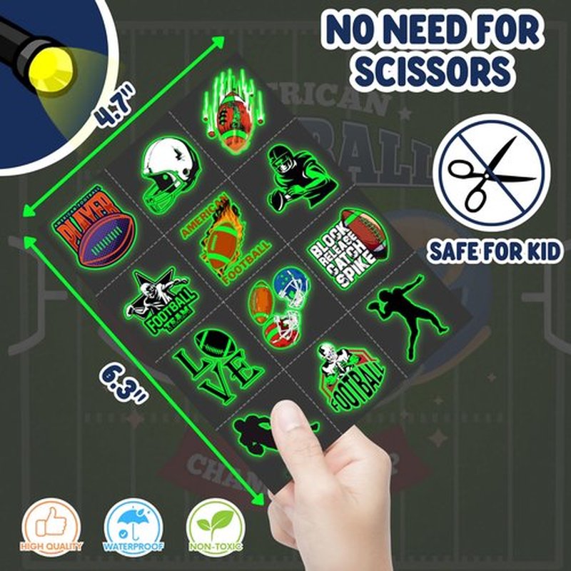 96PCS Football Pre-Cut Temporary Tattoos - Party Favors for Kids, Boys American Football Theme, Perfect for Birthday Parties, Classroom Prizes, Cheerleader & School Events Gifts (Glow in the Dark)