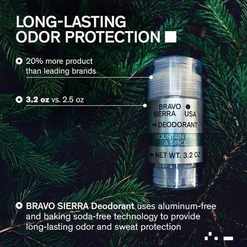 Bravo Sierra Aluminum-Free Deodorant for Men - Natural Ingredients for All-Day Odor & Sweat Protection - Mountain Pine & Spice, 3.2 oz - Paraben & Cruelty-Free, Vegan