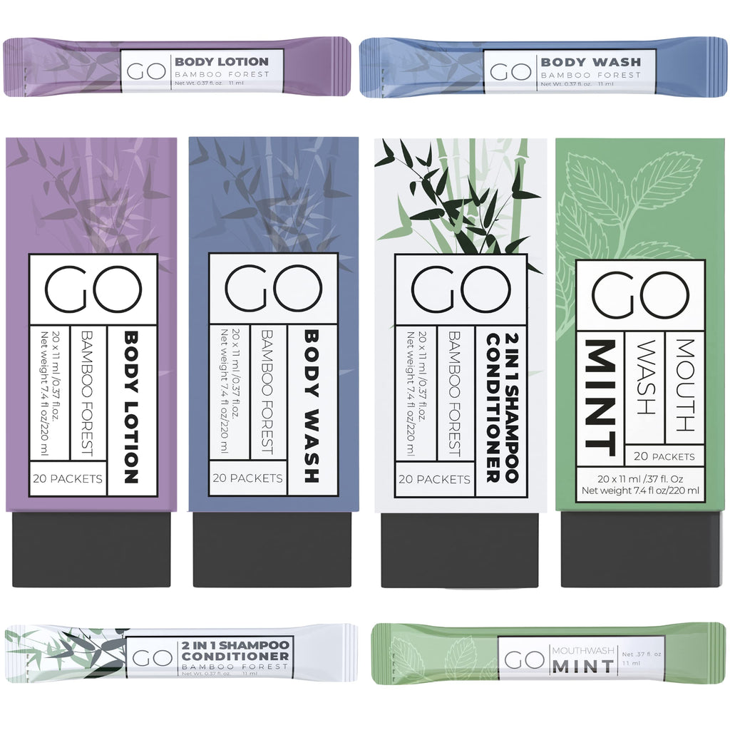Go Essentials - Bundle Sets (Bamboo Forest and Refreshing Mint, 80 Packets Total (20 of Each)) Travel size mouthwash, shampoo/conditioner, body wash, body lotion.