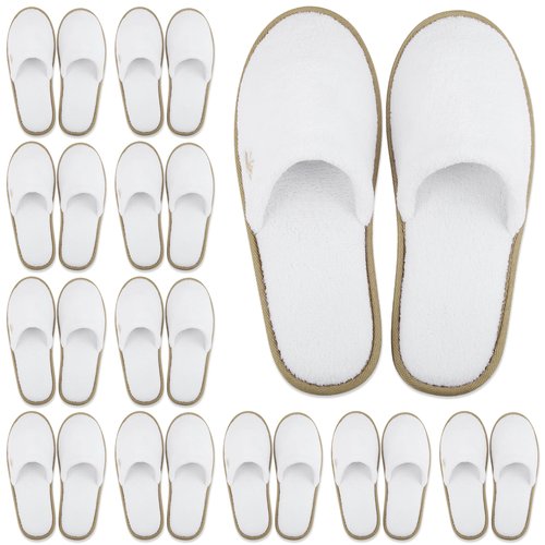 BERGMAN KELLY Spa Slippers, Closed Toe (Large, 12 Pairs, White + Cocoa Trim), Disposable Indoor Hotel Slippers for Men and Women, Fluffy Coral Fleece, Deluxe Padded Sole for Extra Comfort