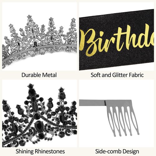 CURASA Black Goth Birthday Crown Adult Woman & Glitter Black Gothic Birthday Queen Sash Princess Tiara for Party Decorations Celebrations