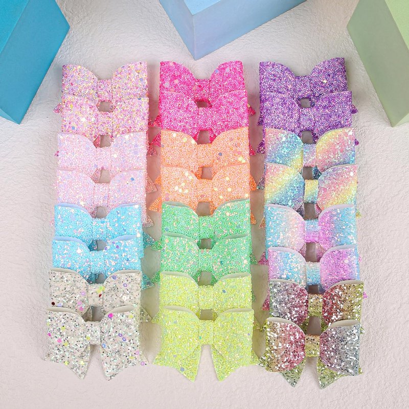 XIMA Glitter Hair Bows for Girls, 24 Piece Set with Alligator Clips, Rainbow Sparkle Hair Accessories