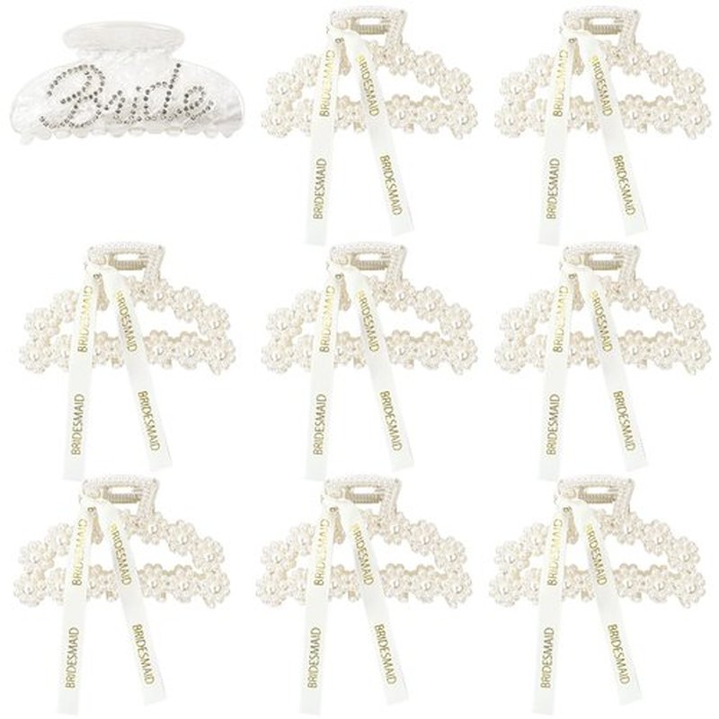 Pearl Bridesmaid Hair Claw Clips 3.7 Inch With Ribbon and 1Pack Acrylic Bride Claw Hair Clip With Rhinestone Bride Logo Set,Bachelorette Bridal Party Favors Present Bridesmaid Proposal Gifts