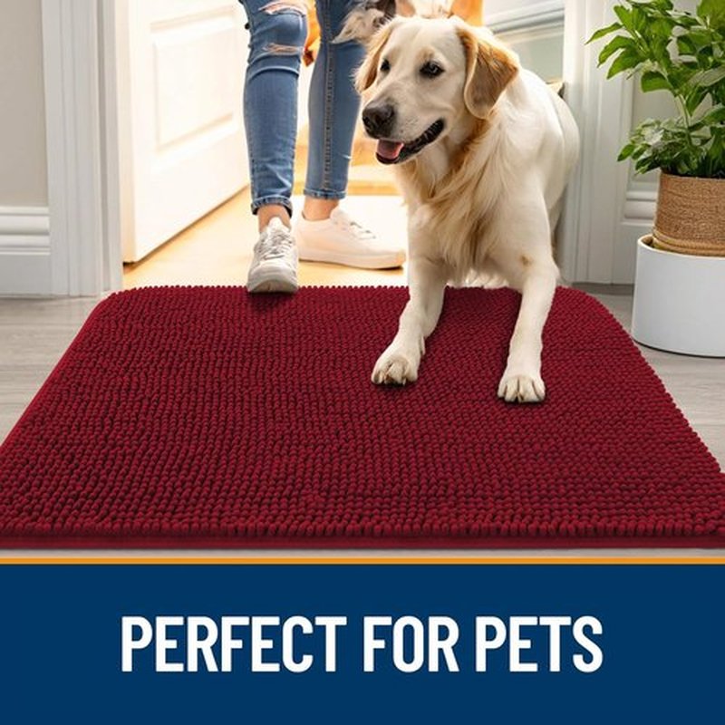 OLANLY Dog Door Mat - Absorbent Non-Slip Chenille Mat for Muddy Paws | 59x24 Inches, Quick Dry, Red
