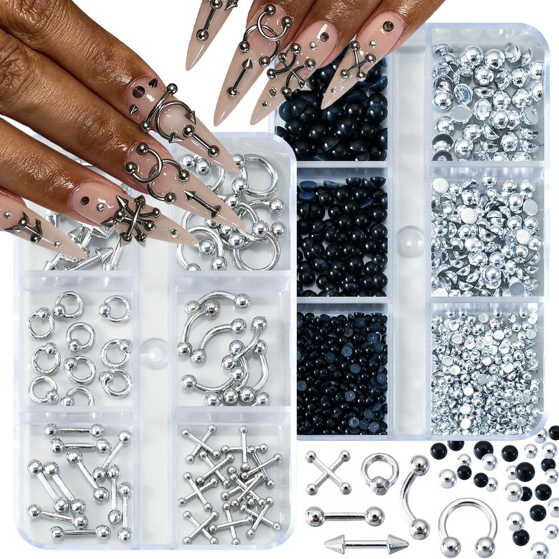 UWETIME 3 Boxes Goth Nail Charms Metal Charms for Nails Studs Black Silver Punk Accessories