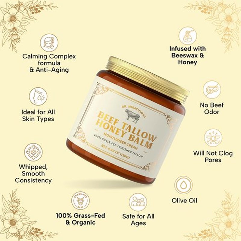 Dr. Miraculous 100% Grass-Fed Whipped Beef Tallow and Honey Balm for Skin, Moisturizer for Face & Body with Organic Beeswax & Organic Honey Balm, All Natural Formula, 4.23OZ (120G)